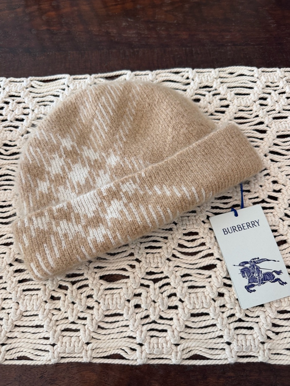 Burberry Mohair Check Beanie in Sand  - One Size - New with Tags